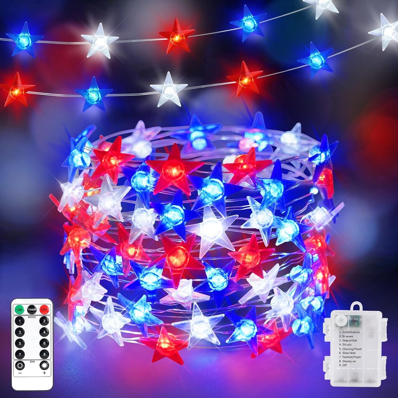 4th of July Decorations Patriotic Decorations: Red, White, and Blue Stars String Lights 16.4FT 50 LED Battery Operated 8 Mode Remote with Timer